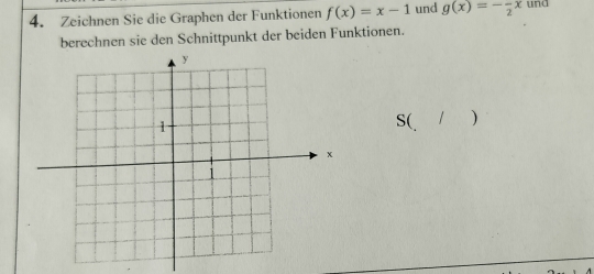 Zeichnen Sie die Graphen der Funktionen f(x)=x-1 und g(x)=-frac 2x und
berechnen sie den Schnittpunkt der beiden Funktionen.
S( / )