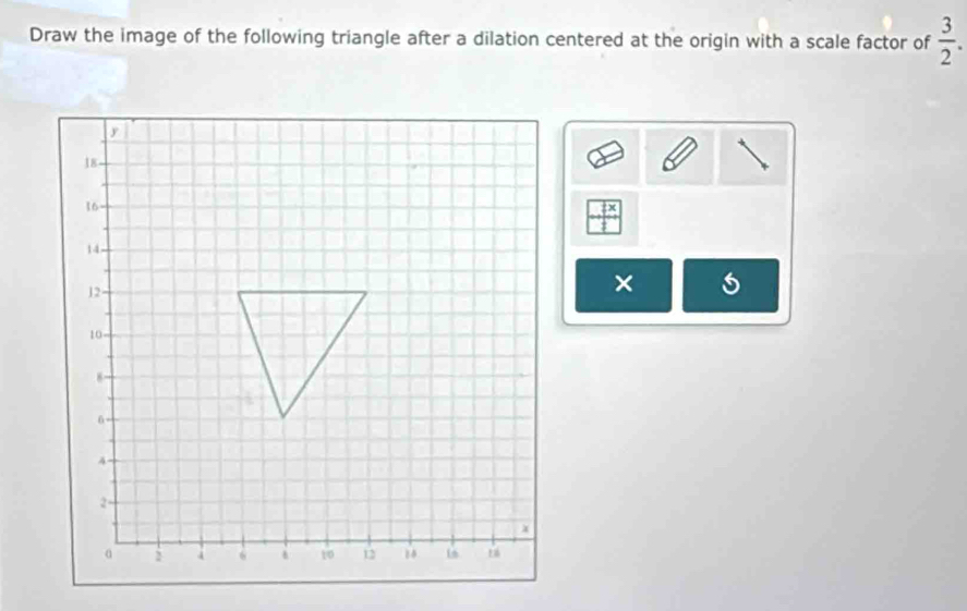 Draw the image of the following triangle after a dilation centered at the origin with a scale factor of  3/2 .
 7x/1 
×