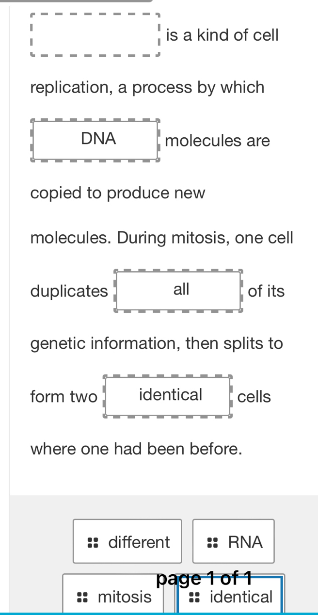 is a kind of cell 
replication, a process by which 
DNA molecules are 
copied to produce new 
molecules. During mitosis, one cell 
duplicates all of its 
genetic information, then splits to 
form two identical cells 
where one had been before. 
different RNA 
page 1 of 1 
mitosis :: identical