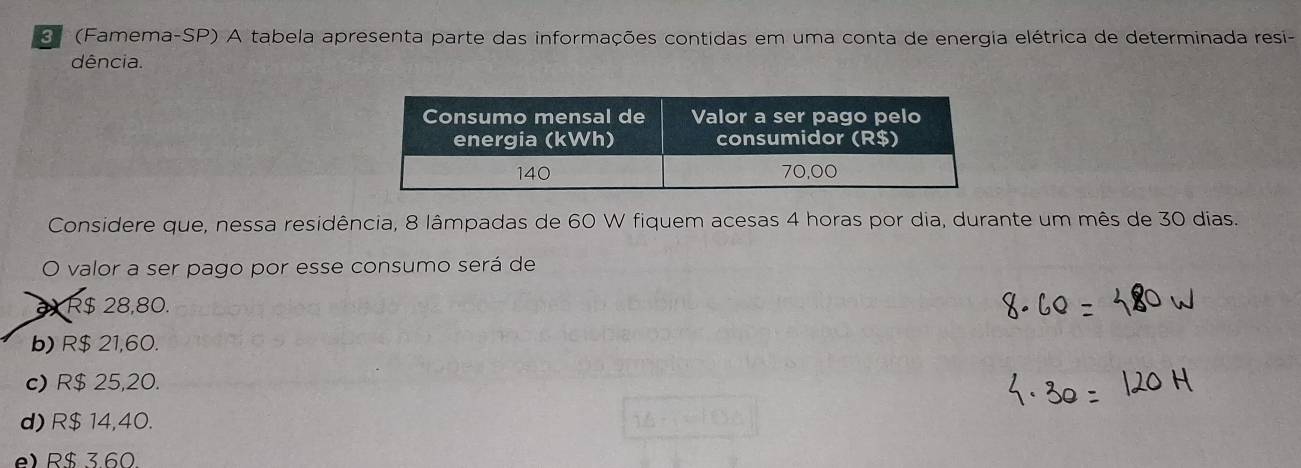 3 (Famema-SP) A tabela apresenta parte das informações contidas em uma conta de energia elétrica de determinada resi-
dência.
Considere que, nessa residência, 8 lâmpadas de 60 W fiquem acesas 4 horas por dia, durante um mês de 30 dias.
O valor a ser pago por esse consumo será de
R$ 28,80.
b) R$ 21,60.
c) R$ 25,20.
d) R$ 14,40.
e) R$ 360