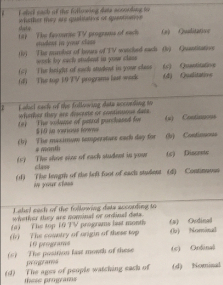 Labsl sash of the following data according to
whether they are qualitative or quantitativs 
datn
(a) The favourits TV programs of sach (2) Qualitative
student in your class 
(b) The number of hours of TV watched each (b) Quantitative
week by each student in your class 
(s) The height of each student in your class (5) Quantitative
(4) The top 10 TV programs last week (d) Qualitative
2 Label sach of the following data according to
whether they are discrete or continuous data.
(#) The volume of petrol parchased for (a) Continuous
$10 in various towns
(b) The maximum temperature each day for (b) Continuous
# month
(5) The shoe size of each student in your (s) Discrete
class
(d) The length of the left foot of each student (d) Continuous
in your class
Label each of the following data according to
whether they are nominal or ordinal data.
(#) The top 10 TV programs last month (#) Ordinal
(b) The country of origin of these top (b) Nominal
10 programs
(c) The position last month of these (c) Ordinal
programs
(d) The ages of people watching each of (d) Nominal
these programs