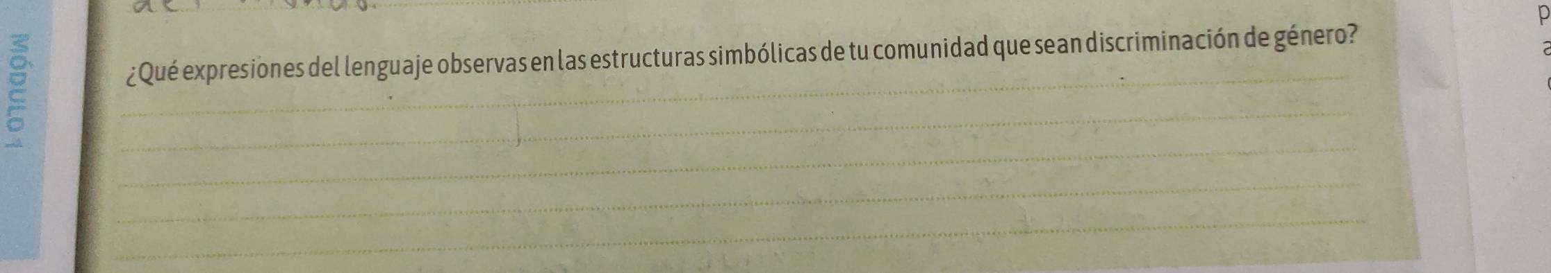 ¿Qué expresiones del lenguaje observas en las estructuras simbólicas de tu comunidad que sean discriminación de género? 
_ 
_ 
_ 
_ 
_