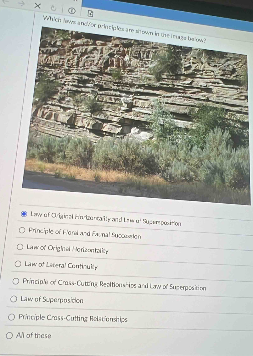 Which laws
Law of Original Horizontality and Law of Supersposition
Principle of Floral and Faunal Succession
Law of Original Horizontality
Law of Lateral Continuity
Principle of Cross-Cutting Realtionships and Law of Superposition
Law of Superposition
Principle Cross-Cutting Relationships
All of these