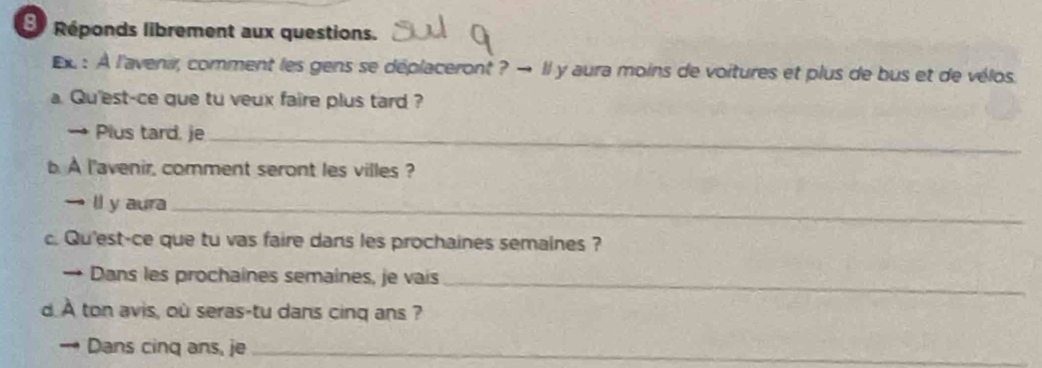 Réponds librement aux questions. 
Ex : À l'aveni, comment les gens se déplaceront ? → Il y aura moins de voitures et plus de bus et de vélos. 
a. Qu'est-ce que tu veux faire plus tard ? 
→ Plus tard. je_ 
b. A l'avenir, comment seront les villes ? 
→ll y aura_ 
c. Qu'est-ce que tu vas faire dans les prochaines semaines ? 
→ Dans les prochaines semaines, je vais_ 
d.A ton avis, où seras-tu dans cinq ans ? 
→ Dans cinq ans, je_