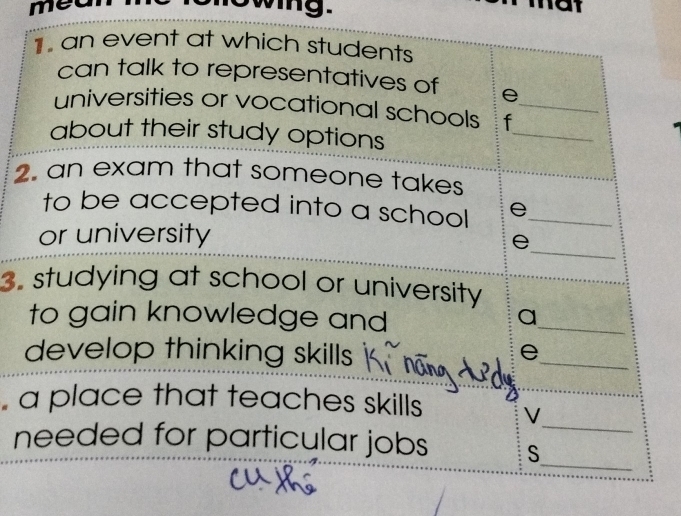 mea 
an event at which students 
can talk to representatives of e 
universities or vocational schools f_ 
about their study options 
_ 
2. an exam that someone takes 
to be accepted into a school e_ 
_ 
or university 
e 
3. studying at school or university 
to gain knowledge and 
_ 
a 
develop thinking skills 
_ 
e 
_ 
a place that teaches skills V_ 
_ 
needed for particular jobs S