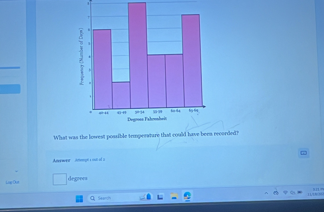 What was the lowest possible temperature that could have been recorded?
Answer Attempt 1 out of 2
Log Out
degrees
3:21 P!
Search 11/19/202