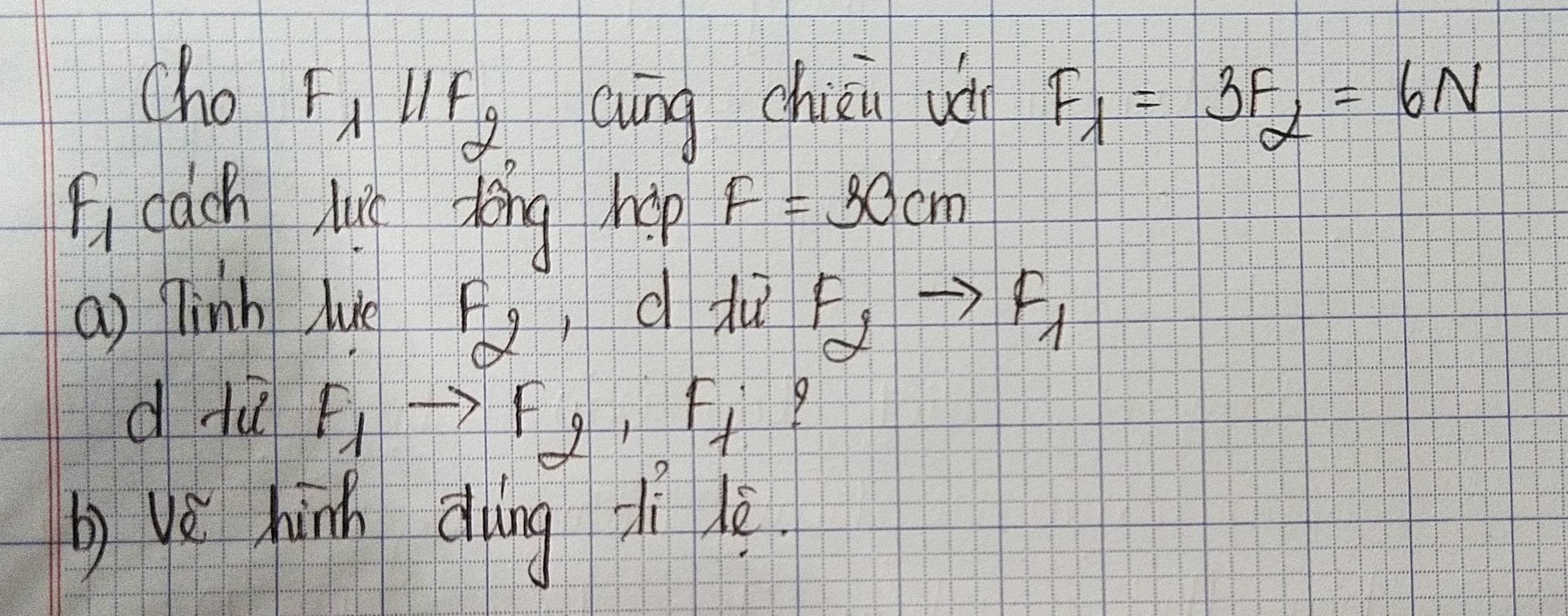 cho F_1parallel F_2 aāng chién uán F_1=3F_2=6N
Feach Jut dong hep F=30cm
a) linh lue d du F_2to F_1
F_2
d lǔ F_1to F_2, F_f
b yè hinh ding zì lè