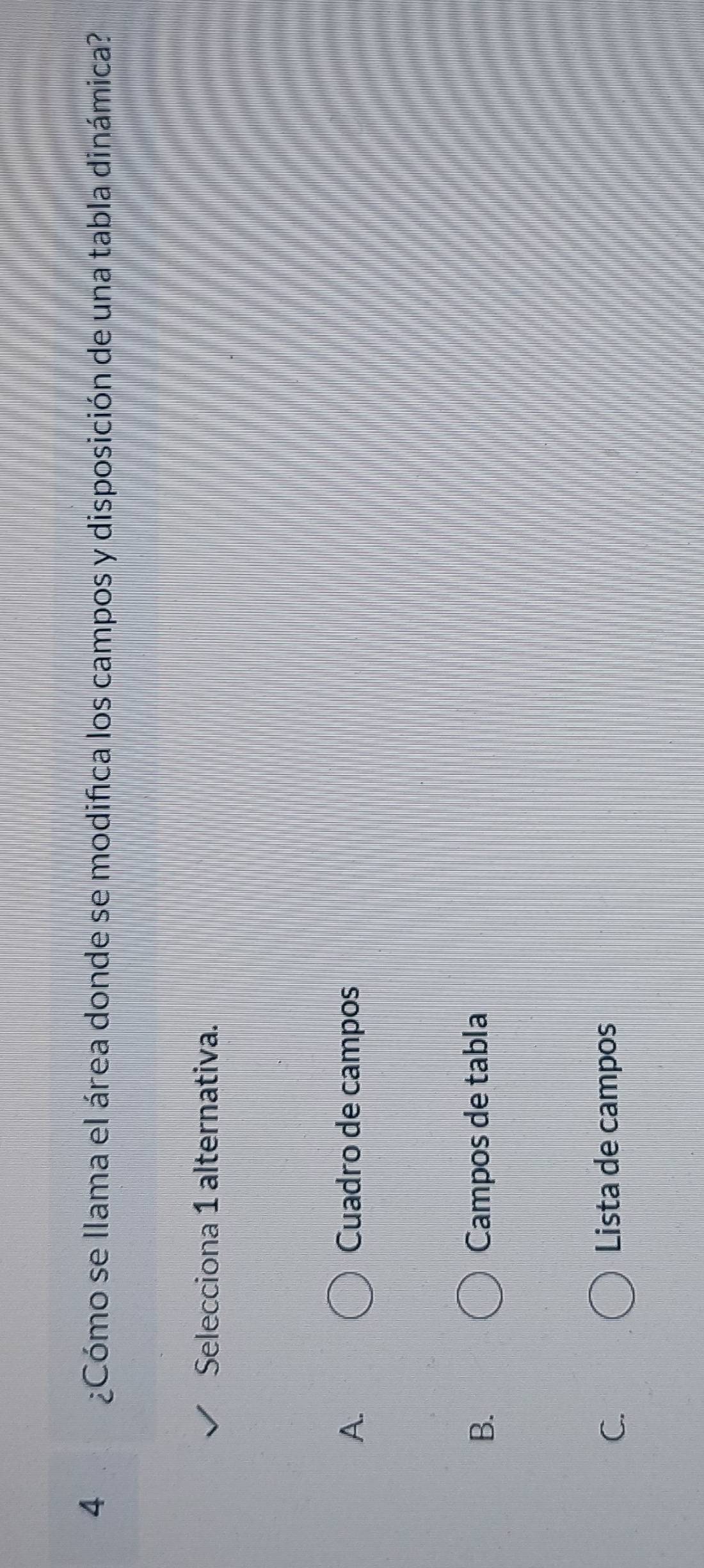 4 ¿Cómo se llama el área donde se modifica los campos y disposición de una tabla dinámica?
Selecciona 1 alternativa.
A. Cuadro de campos
B. Campos de tabla
C. Lista de campos