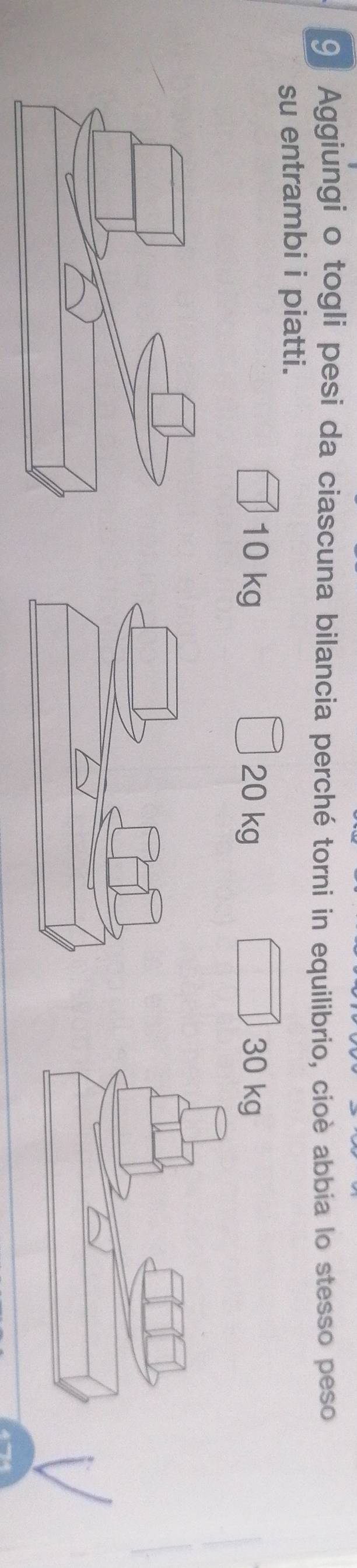 Aggiungi o togli pesi da ciascuna bilancia perché torni in equilibrio, cioè abbia lo stesso peso 
su entrambi i piatti.
10 kg 20 kg 30 kg