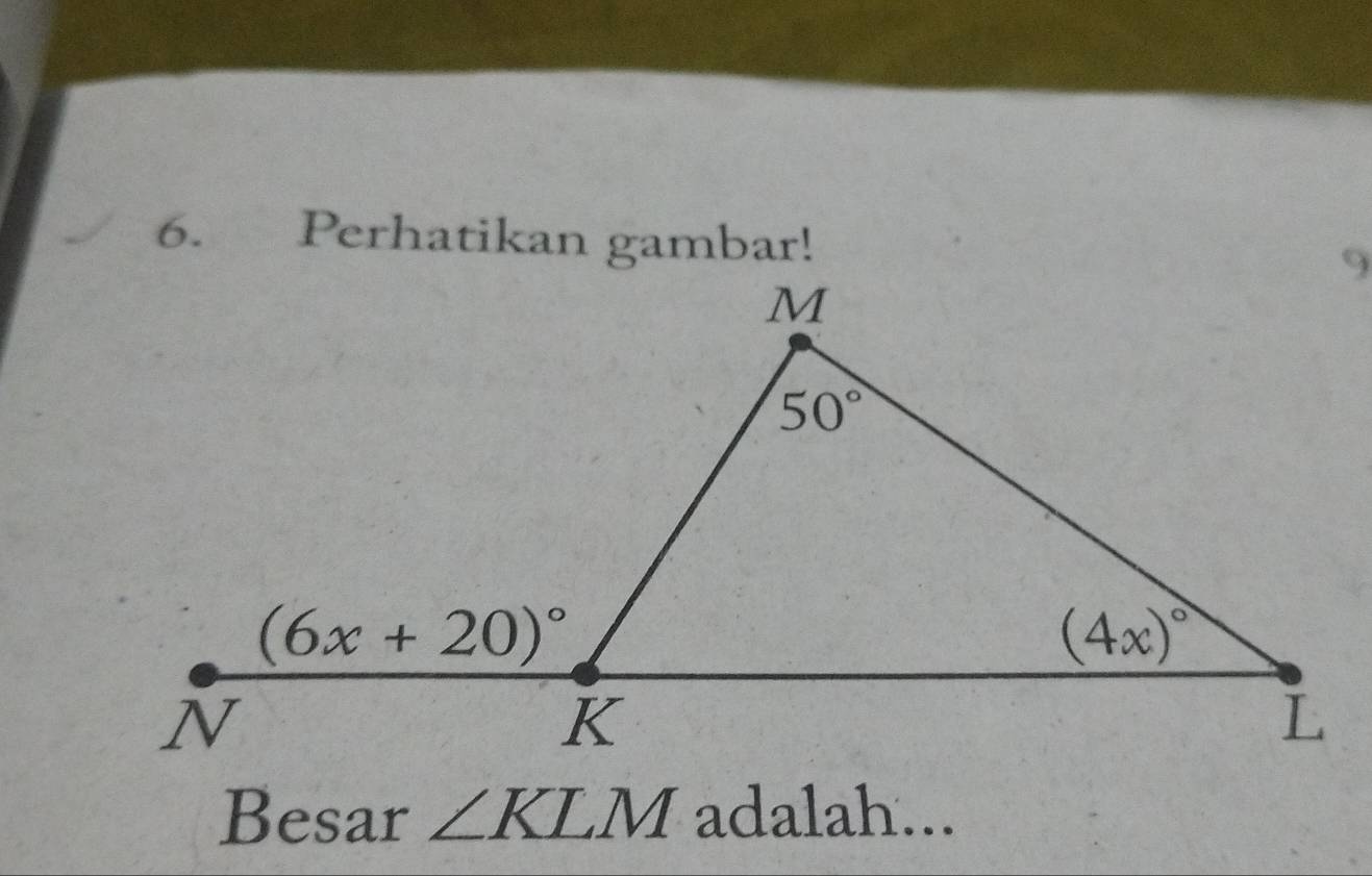 Perhatikan gambar!
Besar ∠ KLM adalah...