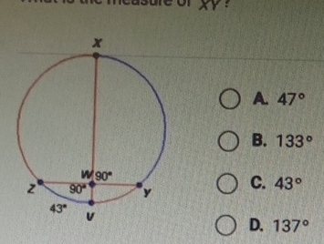 XY :
A 47°
B. 133°
C. 43°
D. 137°