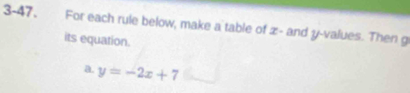 3-47. For each rule below, make a table of z - and y -values. Then g 
its equation. 
a. y=-2x+7