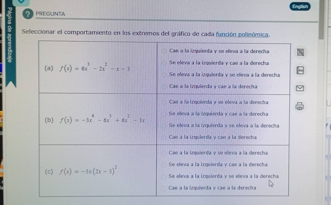 English
P PREGUNTA
a
Seleccionar el comportamiento en los extremos del gráfico de cada fu