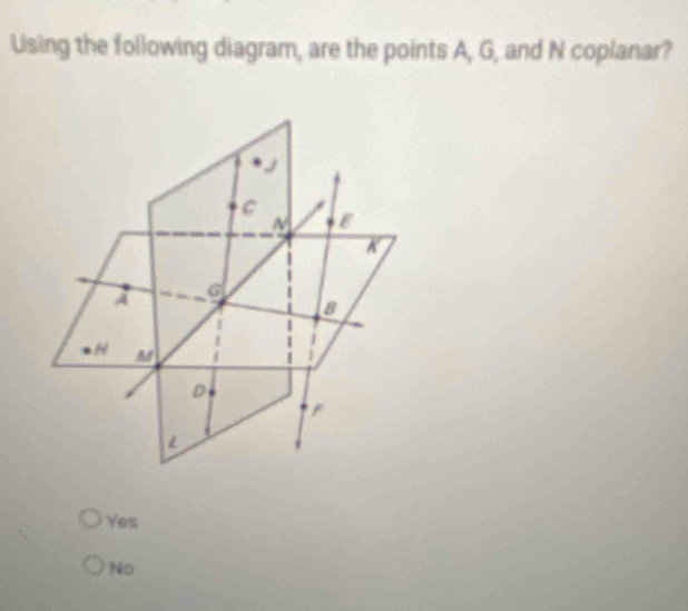 Using the following diagram, are the points A, G, and N coplanar?
J
C
N E
A
A 6
B
H M
D
F
/
Yes
No