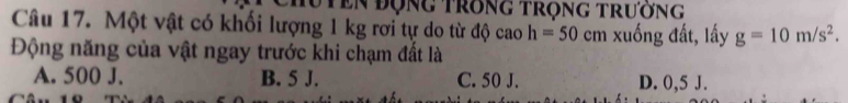 Tụ tên đụng trong trọng trường
Câu 17. Một vật có khối lượng 1 kg rơi tự do từ độ cao h=50cm xuống đất, lấy g=10m/s^2. 
Động năng của vật ngay trước khi chạm đất là
A. 500 J. B. 5 J. C. 50 J. D. 0,5 J.