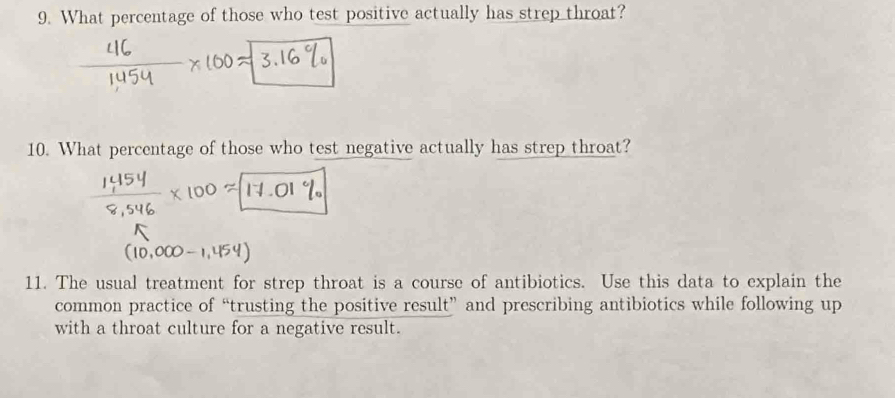 What percentage of those who test positive actually has strep throat? 
10. What percentage of those who test negative actually has strep throat? 
11. The usual treatment for strep throat is a course of antibiotics. Use this data to explain the 
common practice of “trusting the positive result” and prescribing antibiotics while following up 
with a throat culture for a negative result.