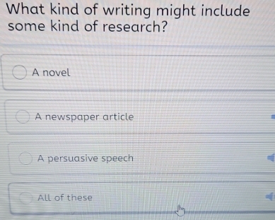 What kind of writing might include
some kind of research?
A novel
A newspaper article
A persuasive speech
All of these