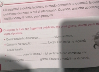 Gli aggettivi indefinitì indicano in modo generico la quantità, la quali 
posizione dei nomi a cui si riferiscono. Quando, anziché accompag 
sostituiscono il nome, sono pronomi. 
Completa le frasi con l'aggettivo indefinito che credi giusto. Aiutati con la tab 
sopra riportata. 
Quest'estate ho trascorso _giorni al mare. 
Giovanni ha raccolto _funghi! Una metà ne regalerà 
a suo fratello. 
_cosa tu faccia, i miei sentimenti non cambieranno! 
Hai mangiato _gelato! Stasera ti verrà il mal di pancia.