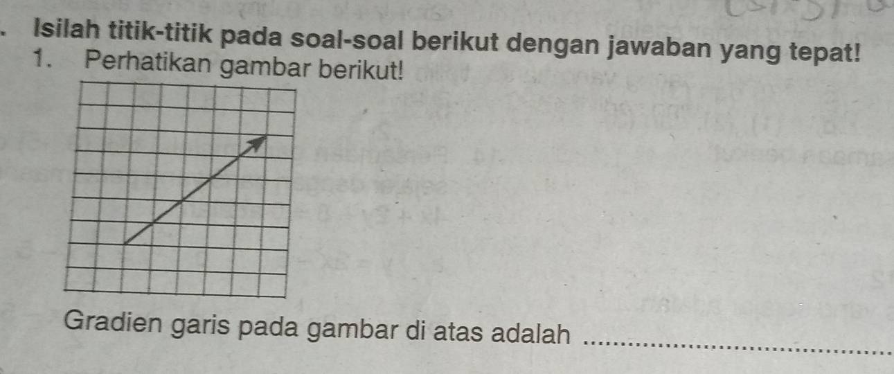 Isilah titik-titik pada soal-soal berikut dengan jawaban yang tepat! 
1. Perhatikan gambar berikut! 
Gradien garis pada gambar di atas adalah_