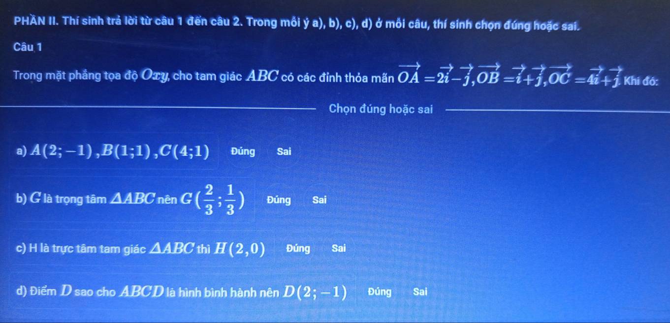 PHAN II. Thí sinh trả lời từ câu 1 đến câu 2. Trong mối ý a), b), c), d) ở mối câu, thí sính chọn đúng hoặc sai.
Câu 1
Trong mặt phẳng tọa độ Oxy, cho tam giác ABC có các đỉnh thỏa mãn vector OA=2vector i-vector j, vector OB=vector i+vector j, vector OC=4vector i+vector j Khi đó:
Chọn đúng hoặc sai
a) A(2;-1), B(1;1), C(4;1) Đúng Sai
b) G là trọng tâm △ ABC nên G( 2/3 ; 1/3 ) Đúng Sai
c) H là trực tâm tam giác △ ABC thì H(2,0) Đúng Sai
d) Điểm D sao cho ABCD là hình bình hành nên D(2;-1) Đúng Sai