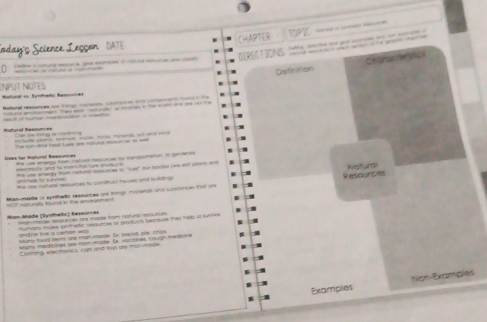 CHAPTER TOPIC Ronea on cunmento Resouncen 
Soday's Science Leşçon DATE 
mclan eah eton f e gnene noo 
0 Destine n natural ressunce, give examples of natural ressutces and clasity DIRECTIONS Defire teentbe and give ecnites a son excnae of 
có a pal a m n 
Detinition Croracterstics 
INPUT NOTES 
Natural vs. Synthetic Resources 
Nallural resources aso things, msterials, substanicm and nomponent iound i the 
haltural enstranment. They exid inglurally" or innately in the woild and are nnt the 
resull of human manipulation or creation 
Natural Resounces Can be living or nontiving 
includle plants, animals, water maks minerals sall and wind 
The sun and fassil fuels are natural resources as welf 
Uses for Nigtoral Resources We use energy from natural resources for transportation, to genemte 
electricily and to manufacture products 
We use energy from natural resources to "fuel" our bodies (we eat plants and 
Naturgi 
animals to survive) We use natural resources to construct houses and buildings 
Resaurces 
Man-made or syrthetic resources are things, matoriais and sbstances that are 
NOf naturally found in the enviranment 
Man-Made (Synthetic) Resources 
Man-made résources are made from natural resourcail. 
Humans make synthefic resaurces or praducts because they help us survive 
and or live a certain way 
Many food items are man-made. Ex: bread, pie, chips 
Many medicines are man-made. Ex, vaccines, cough medicine 
Clething, electronics, cars and toys are man-made. 
Examples Nan-Examples