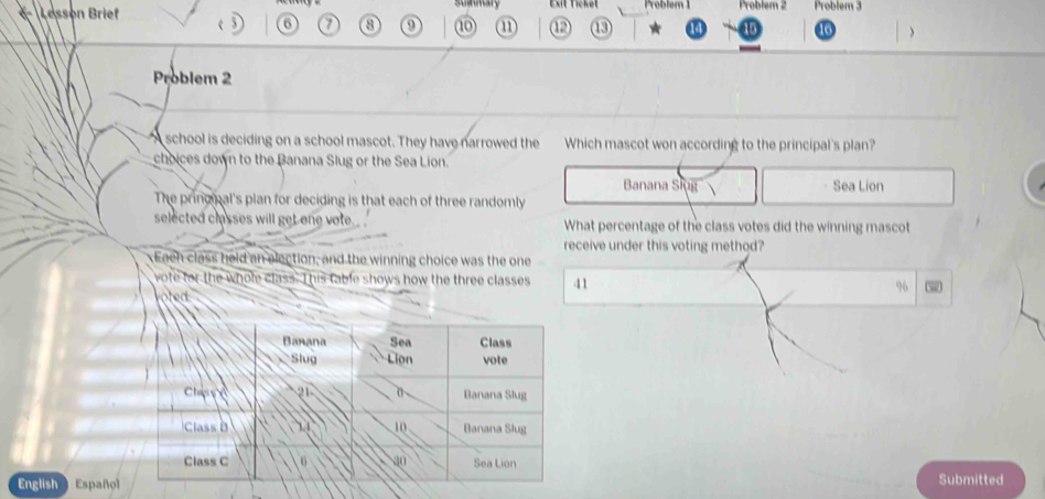 Lesson Brief Exit Ticket Problem 1 Problem 2 Problem 3
( ③ 6 7 ③ ⑩ a 13
Problem 2
school is deciding on a school mascot. They have narrowed the Which mascot won according to the principal's plan?
choices down to the Banana Slug or the Sea Lion.
Banana Sing Sea Lion
The pringpal's plan for deciding is that each of three randomly
selected classes will get one vote. What percentage of the class votes did the winning mascot
receive under this voting method?
Each class held an election, and the winning choice was the one
vote for the whole class. This table shows how the three classes 41 9
v oted:
English EspañoSubmitted