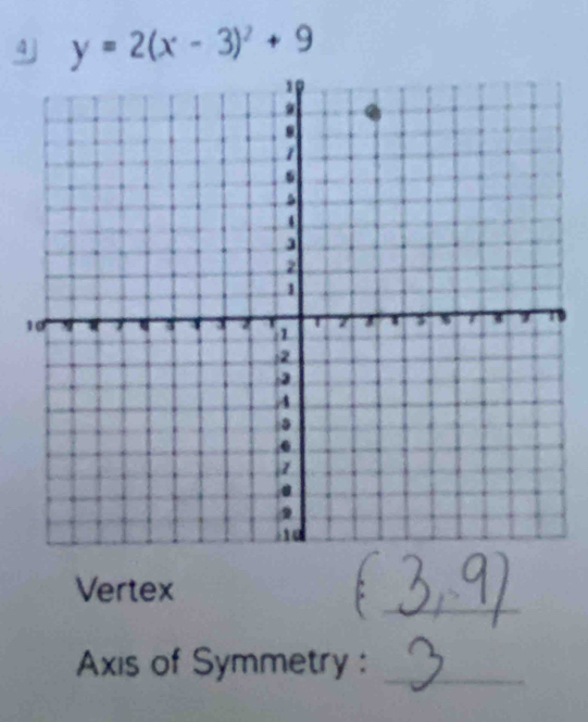 4 y=2(x-3)^2+9
1 
9 
Vertex 
_: 
Axis of Symmetry :_