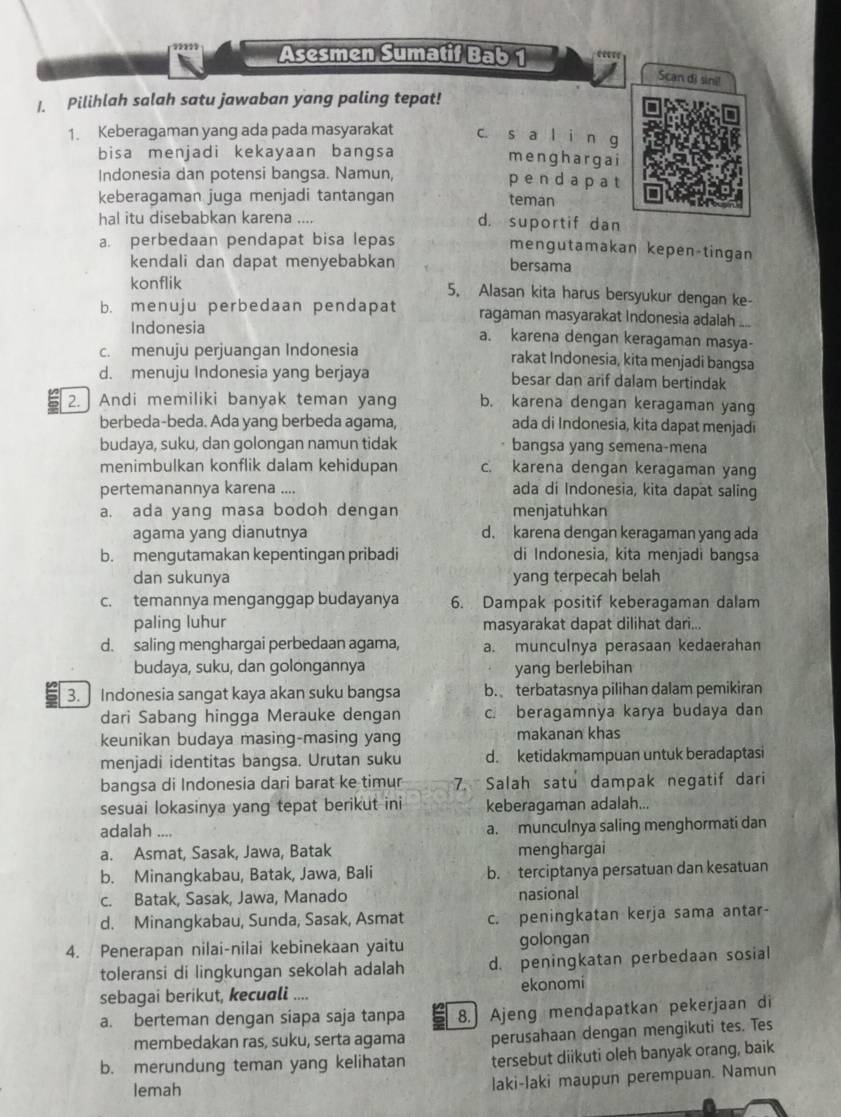 Asesmen Sumatif Bab 1
Scan di sini!
I. Pilihlah salah satu jawaban yang paling tepat!
1. Keberagaman yang ada pada masyarakat c. s a l i n g
bisa menjadi kekayaan bangsa menghargai
Indonesia dan potensi bangsa. Namun, pendapat
keberagaman juga menjadi tantangan teman
hal itu disebabkan karena .... d. suportif dan
a. perbedaan pendapat bisa lepas
mengutamakan kepen-tingan
kendali dan dapat menyebabkan bersama
konflik 5. Alasan kita harus bersyukur dengan ke-
b. menuju perbedaan pendapat ragaman masyarakat Indonesia adalah .
Indonesia a. karena dengan keragaman masya-
c. menuju perjuangan Indonesia rakat Indonesia, kita menjadi bangsa
d. menuju Indonesia yang berjaya besar dan arif dalam bertindak
2. ] Andi memiliki banyak teman yang b. karena dengan keragaman yang
berbeda-beda. Ada yang berbeda agama, ada di Indonesia, kita dapat menjadi
budaya, suku, dan golongan namun tidak bangsa yang semena-mena
menimbulkan konflik dalam kehidupan c. karena dengan keragaman yang
pertemanannya karena .... ada di Indonesia, kita dapat saling
a. ada yang masa bodoh dengan menjatuhkan
agama yang dianutnya d. karena dengan keragaman yang ada
b. mengutamakan kepentingan pribadi di Indonesia, kita menjadi bangsa
dan sukunya yang terpecah belah
c. temannya menganggap budayanya 6. Dampak positif keberagaman dalam
paling luhur masyarakat dapat dilihat dari...
d. saling menghargai perbedaan agama, a. munculnya perasaan kedaerahan
budaya, suku, dan golongannya yang berlebihan
3. ] Indonesia sangat kaya akan suku bangsa b. terbatasnya pilihan dalam pemikiran
dari Sabang hingga Merauke dengan c. beragamnya karya budaya dan
keunikan budaya masing-masing yang makanan khas
menjadi identitas bangsa. Urutan suku d. ketidakmampuan untuk beradaptasi
bangsa di Indonesia dari barat ke timur 7. Salah satu dampak negatif dari
sesuai lokasinya yang tepat berikut ini keberagaman adalah...
adalah .... a. munculnya saling menghormati dan
a. Asmat, Sasak, Jawa, Batak menghargai
b. Minangkabau, Batak, Jawa, Bali b. terciptanya persatuan dan kesatuan
c. Batak, Sasak, Jawa, Manado nasional
d. Minangkabau, Sunda, Sasak, Asmat c. peningkatan kerja sama antar-
4. Penerapan nilai-nilai kebinekaan yaitu golongan
toleransi di lingkungan sekolah adalah d. peningkatan perbedaan sosial
sebagai berikut, kecuali .... ekonomi
a. berteman dengan siapa saja tanpa 8. Ajeng mendapatkan pekerjaan di
membedakan ras, suku, serta agama perusahaan dengan mengikuti tes. Tes
b. merundung teman yang kelihatan tersebut diikuti oleh banyak orang, baik
lemah
laki-laki maupun perempuan. Namun