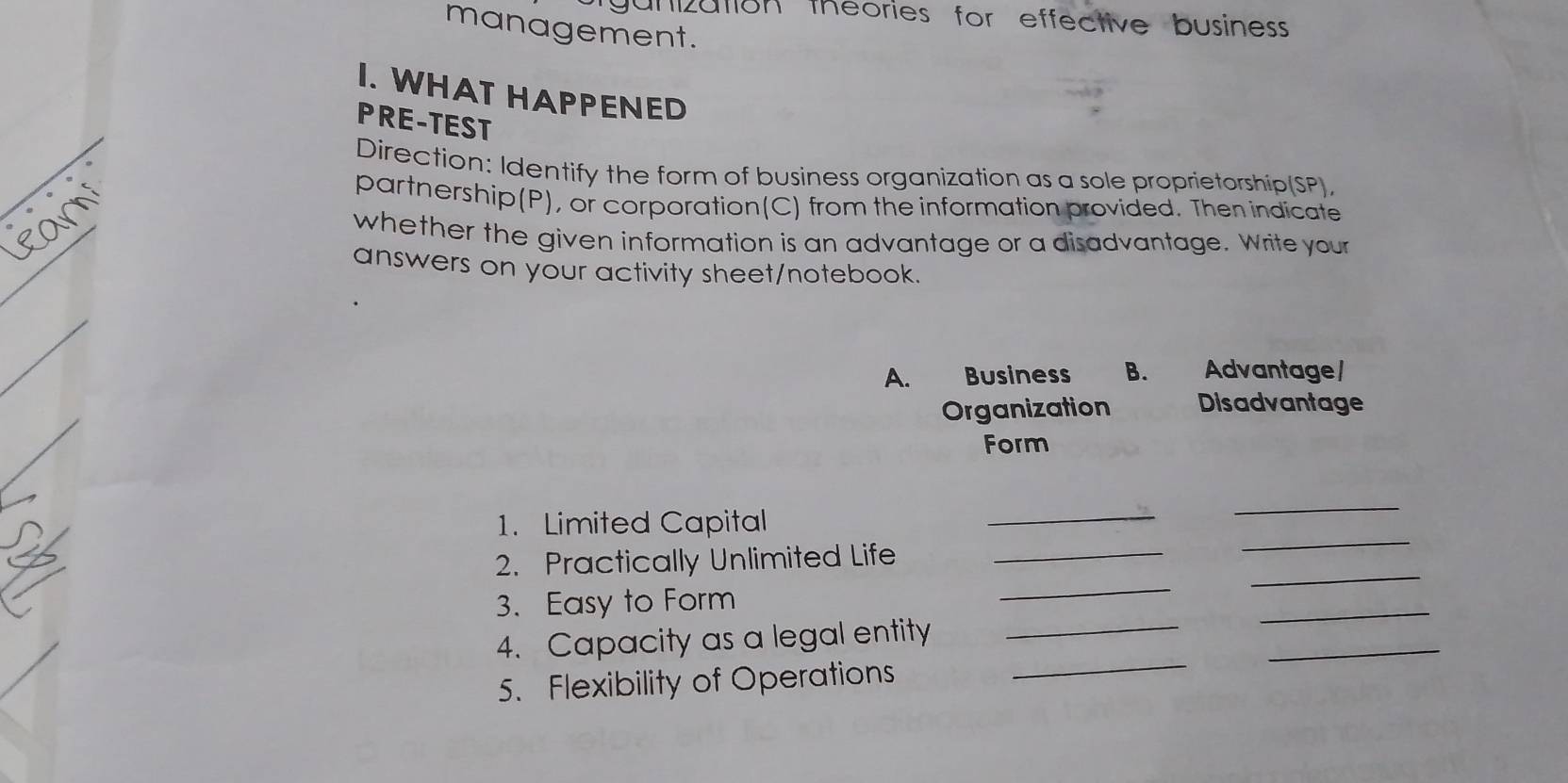 unizution theories for effective business 
management. 
I. WHAT HAPPENED 
PRE-TEST 
Direction: Identify the form of business organization as a sole proprietorship(SP), 
partnership(P), or corporation(C) from the information provided. Then indicate 
whether the given information is an advantage or a disadvantage. Write your 
answers on your activity sheet/notebook. 
A. Business B. Advantage/ 
Organization Disadvantage 
Form 
_ 
_ 
1. Limited Capital 
_ 
_ 
_ 
2. Practically Unlimited Life_ 
3. Easy to Form 
_ 
_ 
_ 
4. Capacity as a legal entity_ 
5. Flexibility of Operations