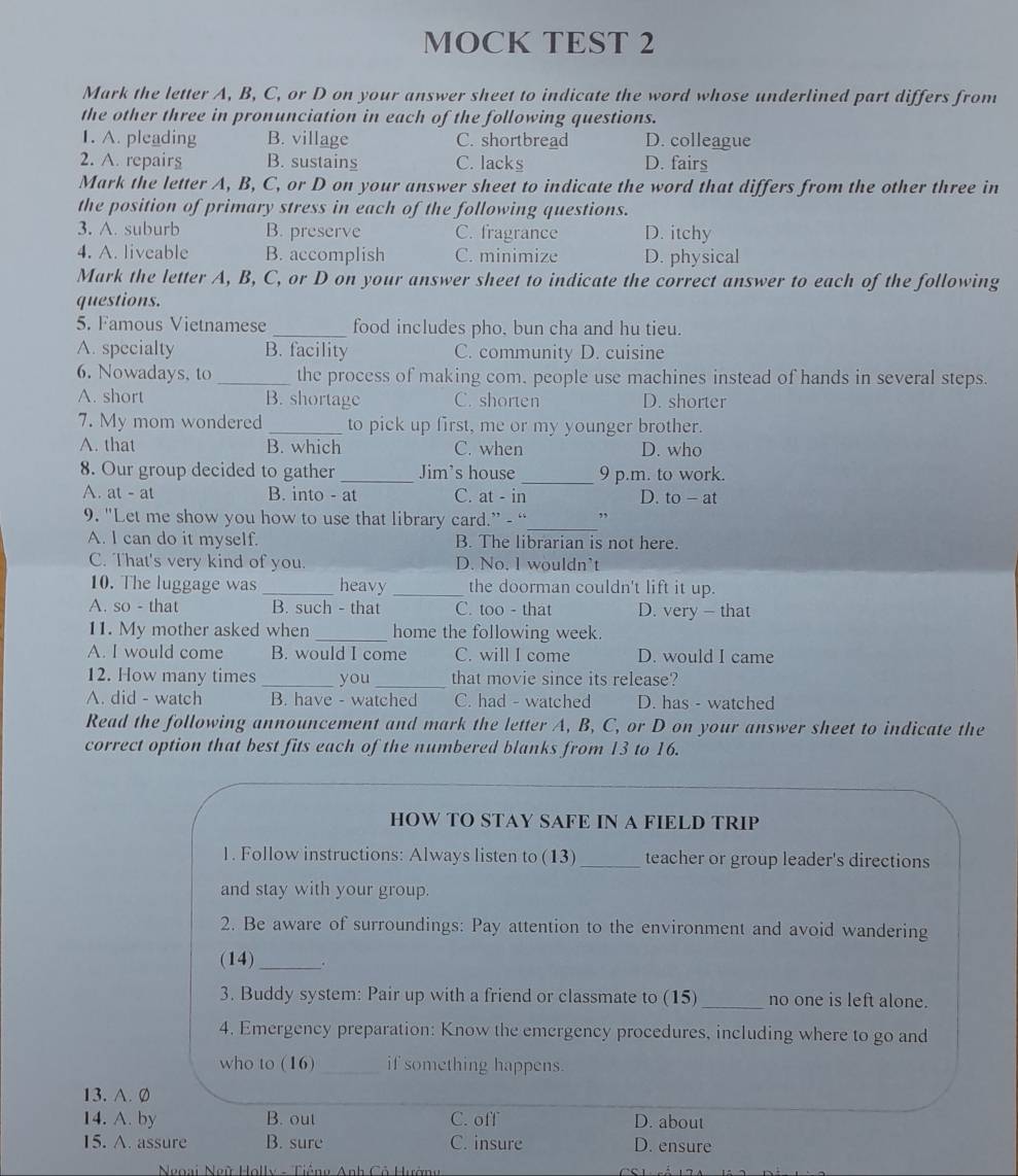 Giải quyết:MOCK TEST 2 Mark the letter A, B, C, or D on your answer ...