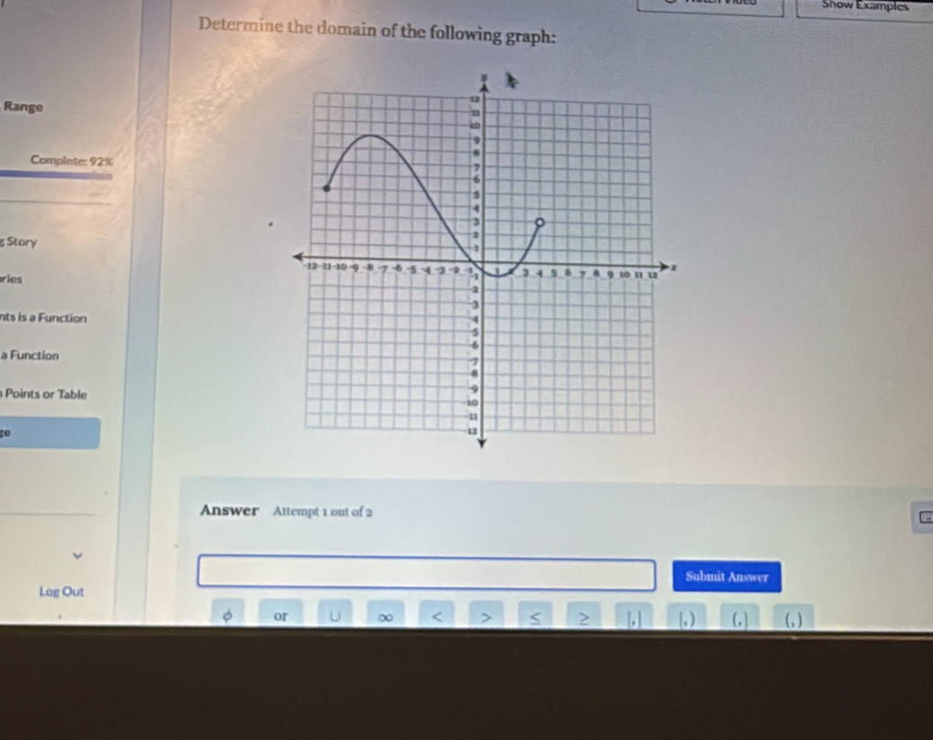 Show Examples 
Determine the domain of the following graph: 
Range 
Complete: 92%
g Story 
ries 
nts is a Function 
a Function 
Points or Table
50
Answer Attempt 1 out of 2 
Submit Answer 
Log Out 
or U ∞ S [, ) (,) (, )