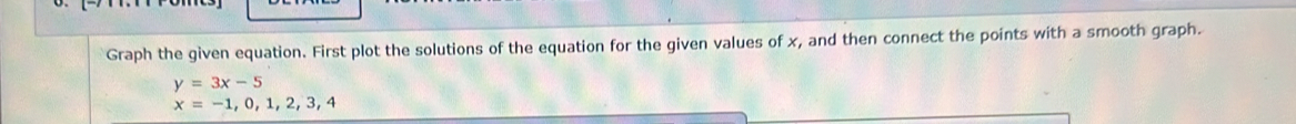 Graph the given equation. First plot the solutions of the equation for the given values of x, and then connect the points with a smooth graph.
y=3x-5
x=-1,0,1,2,3,4