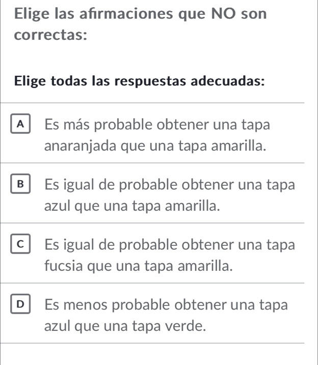 Elige las afrmaciones que NO son
correctas:
Elige todas las respuestas adecuadas:
A Es más probable obtener una tapa
anaranjada que una tapa amarilla.
B Es igual de probable obtener una tapa
azul que una tapa amarilla.
C Es igual de probable obtener una tapa
fucsia que una tapa amarilla.
D Es menos probable obtener una tapa
azul que una tapa verde.