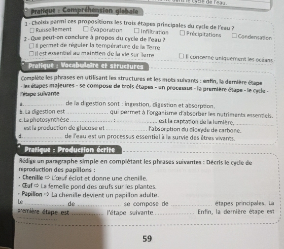 Jans le cyclé de leau.
* Pratique : Compréhension globale
1 - Choisis parmi ces propositions les trois étapes principales du cycle de l’eau ?
* Ruissellement = Évaporation * Infiltration Précipitations Condensation
2 - Que peut-on conclure à propos du cycle de l’eau ?
Il permet de réguler la température de la Terre
Il est essentiel au maintien de la vie sur Terre Il concerne uniquement les océans
Pratique : Vocabulaire et structures
Complète les phrases en utilisant les structures et les mots suivants : enfin, la dernière étape
- les étapes majeures - se compose de trois étapes - un processus - la première étape - le cycle -
l'étape suivante
a._ de la digestion sont : ingestion, digestion et absorption.
b. La digestion est_ qui permet à l'organisme d'absorber les nutriments essentiels.
c. La photosynthèse _:_ est la captation de la lumière,_
est la production de glucose et _l’absorption du dioxyde de carbone.
d. _de l’eau est un processus essentiel à la survie des êtres vivants.
Pratique : Production écrite
Rédige un paragraphe simple en complétant les phrases suivantes : Décris le cycle de
reproduction des papillons :
• Chenille ∞ L'œuf éclot et donne une chenille.
Œuf ⇒ La femelle pond des œufs sur les plantes.
Papillon → La chenille devient un papillon adulte.
Le _de _se compose de _étapes principales. La
_
première étape est _l'étape suivante_ Enfin, la dernière étape est
59