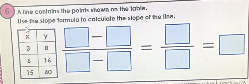 A line contains the points shown on the table. 
Use the slope formula to calculate the slope of the line.
 (□ -□ )/□ -□  = □ /□  =□
frac 1 type it as 1/4.