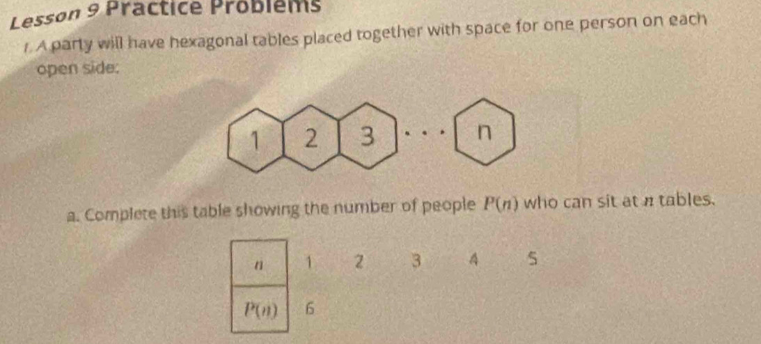 Lesson 9 Practice Probiems 
r A party will have hexagonal tables placed together with space for one person on each 
open side:
n
a. Complete this table showing the number of people P(n) who can sit at n tables.
n 1 2 3 A 5
P(n) 6