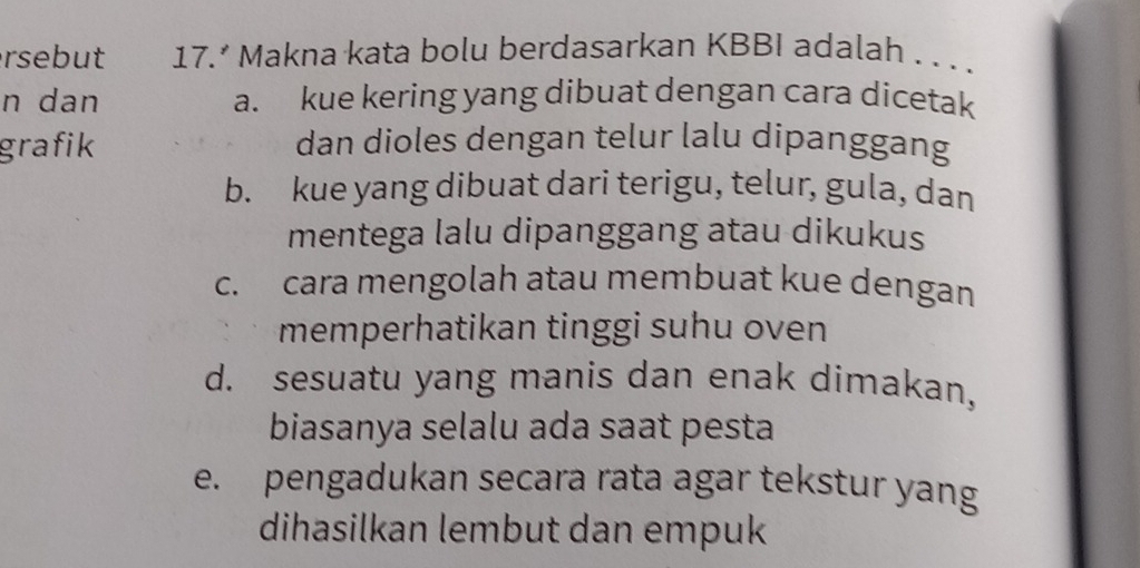 rsebut 17.* Makna kata bolu berdasarkan KBBI adalah . . . .
n dan a. kue kering yang dibuat dengan cara dicetak
grafik dan dioles dengan telur lalu dipanggang
b. kue yang dibuat dari terigu, telur, gula, dan
mentega lalu dipanggang atau dikukus
c. cara mengolah atau membuat kue dengan
memperhatikan tinggi suhu oven
d. sesuatu yang manis dan enak dimakan,
biasanya selalu ada saat pesta
e. pengadukan secara rata agar tekstur yang
dihasilkan lembut dan empuk