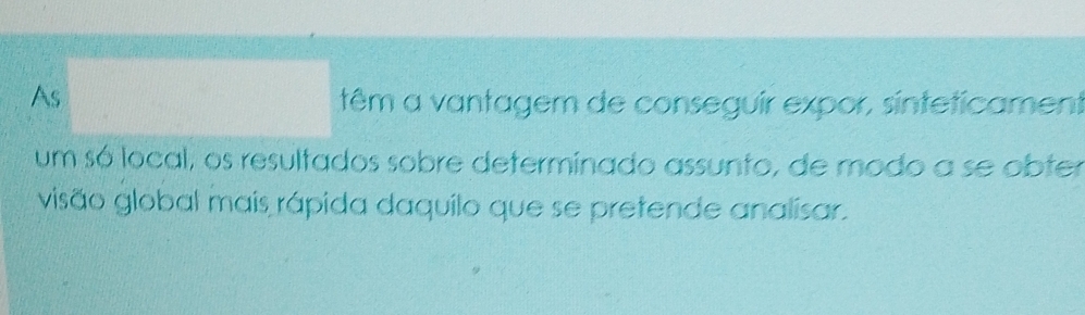 As 
têm a vantagem de conseguir expor, sinteticament 
um só local, os resultados sobre determinado assunto, de modo a se obter 
visão global mais rápida daquilo que se pretende analisar.