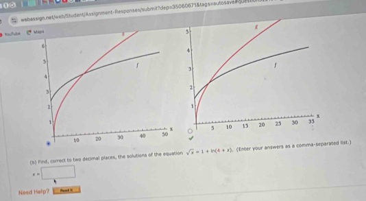 1③ 
webassign.net/web/Student/Assignment-Responses/submit?dep=35060671&tags=autosaverquet 
rufväe 

(b) Find, correct to two decimal places, the solutions of the equation sqrt(x)=1+ln (4+x). (Enter your answers as a comma-separated list.)
x=□
Need Help? Read H