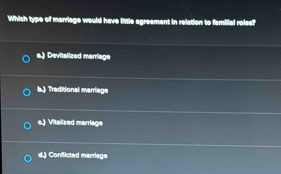 Which type of marriage would have little agreement in relation to familial roles?
a.) Devitalized marriage
b.) Traditional marriage
c.) Vitalized marriage
d.) Conflicted marriage