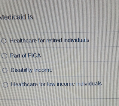 Medicaid is
Healthcare for retired individuals
Part of FICA
Disability income
Healthcare for low income individuals