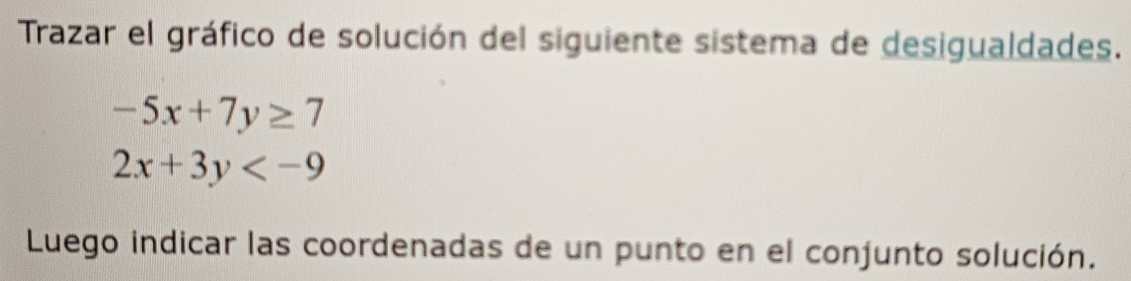 Trazar el gráfico de solución del siguiente sistema de desigualdades.
-5x+7y≥ 7
2x+3y
Luego indicar las coordenadas de un punto en el conjunto solución.