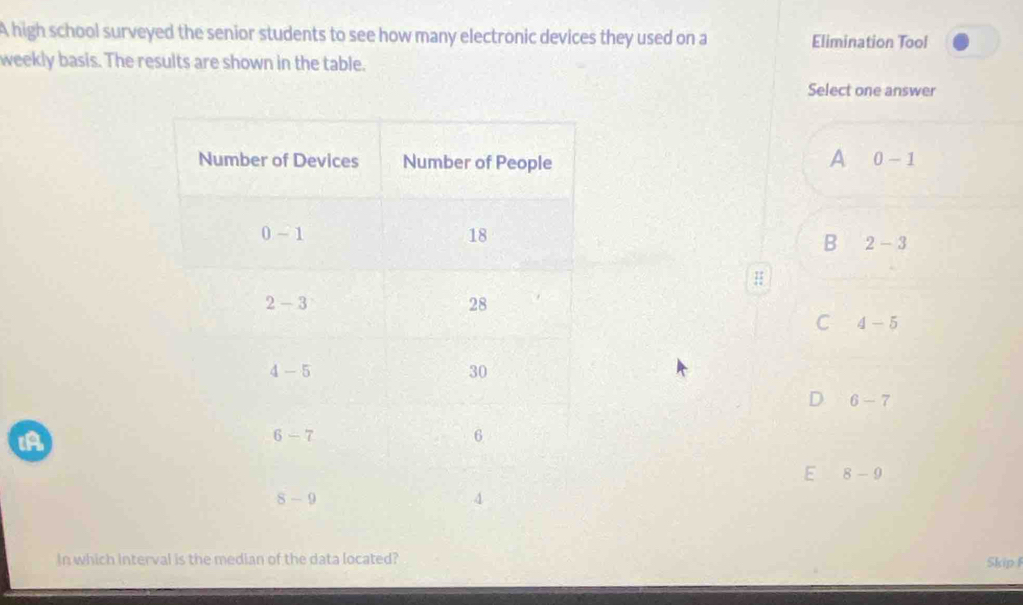 A high school surveyed the senior students to see how many electronic devices they used on a Elimination Tool
weekly basis. The results are shown in the table.
Select one answer
A 0-1
B 2-3
H
C 4-5
6-7
A
E 8-9
In which interval is the median of the data located? Skip