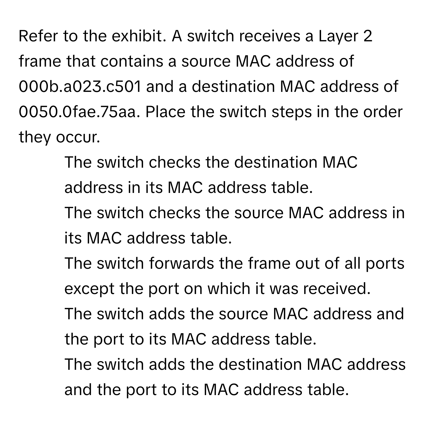 Solved: Refer to the exhibit. A switch receives a Layer 2 frame that ...