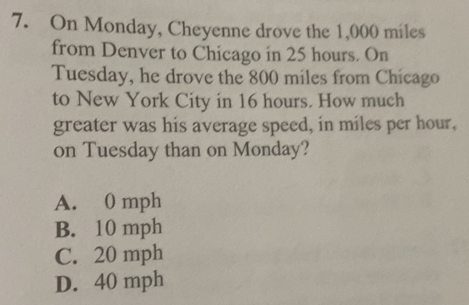 On Monday, Cheyenne drove the 1,000 miles
from Denver to Chicago in 25 hours. On
Tuesday, he drove the 800 miles from Chicago
to New York City in 16 hours. How much
greater was his average speed, in miles per hour,
on Tuesday than on Monday?
A. 0 mph
B. 10 mph
C. 20 mph
D. 40 mph