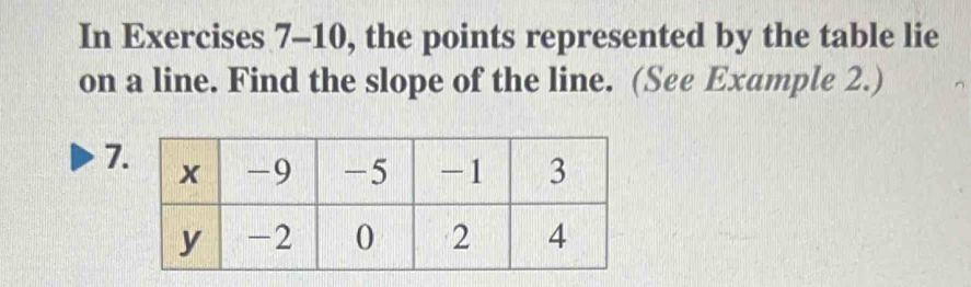 In Exercises 7-10, the points represented by the table lie 
on a line. Find the slope of the line. (See Example 2.) 
7