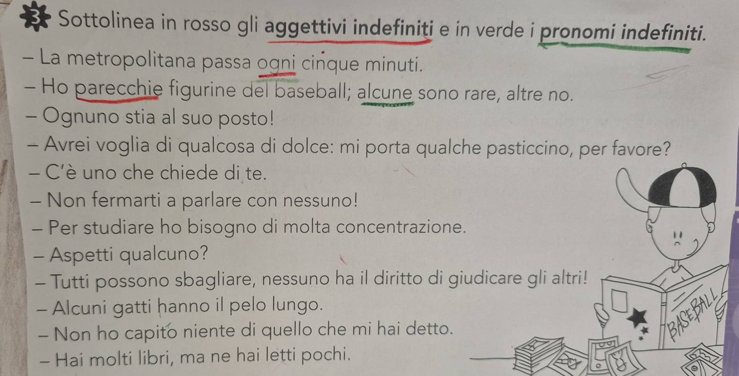 Sottolinea in rosso gli aggettivi indefiniti e in verde i pronomi indefiniti. 
- La metropolitana passa ogni cinque minuti. 
- Ho parecchie figurine del baseball; alcune sono rare, altre no. 
- Ognuno stia al suo posto! 
- Avrei voglia di qualcosa di dolce: mi porta qualche pasticcino, per favore? 
- C'è uno che chiede di te. 
- Non fermarti a parlare con nessuno! 
- Per studiare ho bisogno di molta concentrazione. 
- Aspetti qualcuno? 
- Tutti possono sbagliare, nessuno ha il diritto di giudicare gli altri! 
- Alcuni gatti hanno il pelo lungo. 
- Non ho capito niente di quello che mi hai detto. 
BASEBALL 
- Hai molti libri, ma ne hai letti pochi.