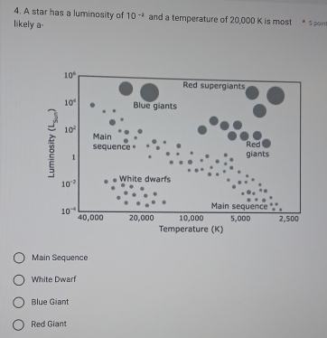 A star has a luminosity of 10^(-2) and a temperature of 20,000 K is most * 5 poin
likely a-
Main Sequence
White Dwarf
Blue Giant
Red Giant