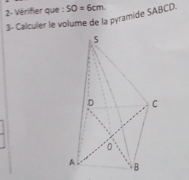 2- Vérifier que : SO=6cm. 
3- Calculer le volume de la pyramide SABCD.