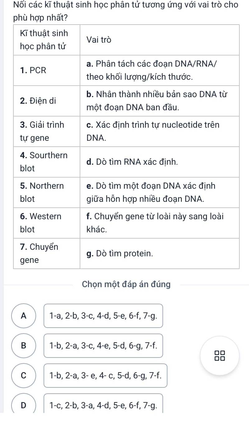 Nối các kĩ thuật sinh học phân tử tương ứng với vai trò cho
Chọn một đáp án đúng
A 1-a, 2-b, 3-c, 4-d, 5-e, 6-f, 7-g.
B 1-b, 2-a, 3-c, 4-e, 5-d, 6-g, 7-f.

C 1-b, 2-a, 3- e, 4- c, 5-d, 6 - a. 7-t
D 1-c, 2-b, 3-a, 4-d, 5-e, 6-f, 7-g.